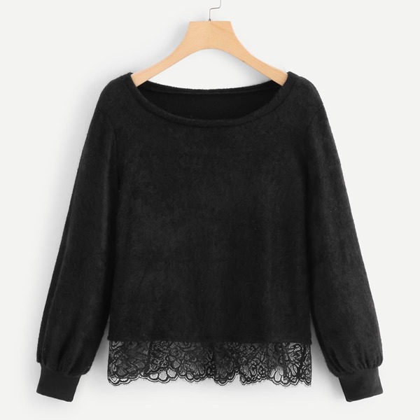 

Contrast Lace Solid Sweater, Black