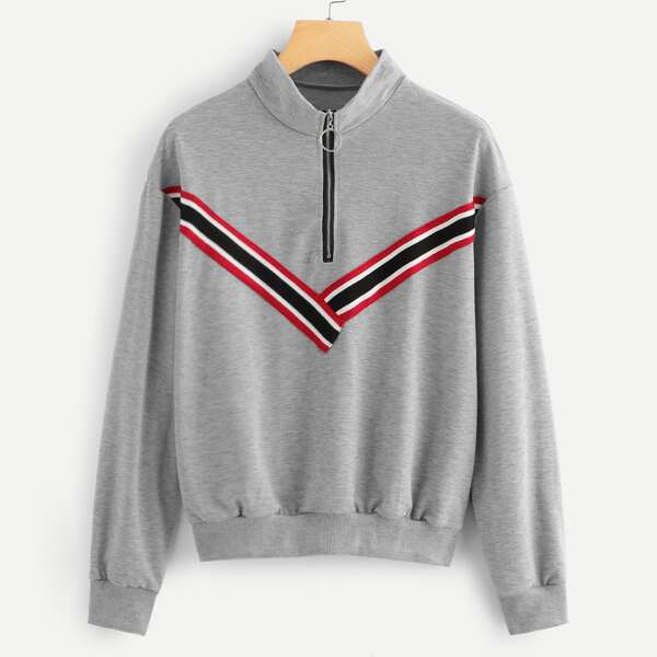 

Striped Tape Panel Zip Up Sweatshirt, Grey
