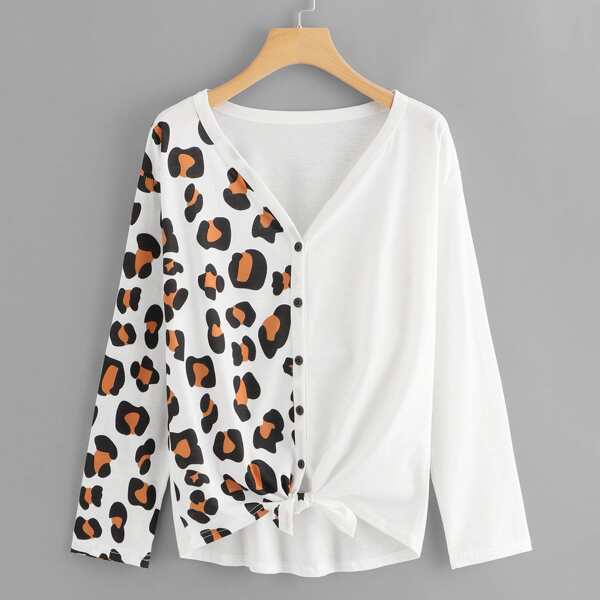 

Leopard Panel Knot Hem Tee, White