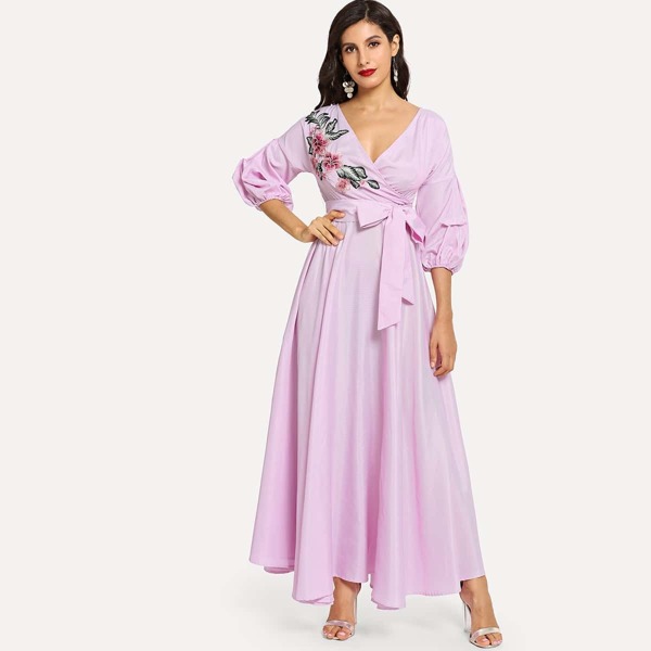 

Flower Patch Puff Sleeve Surplice Wrap Dress