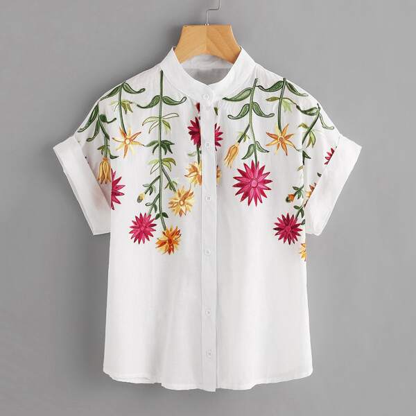 

Floral Embroidered Roll-up Cuff Blouse, White