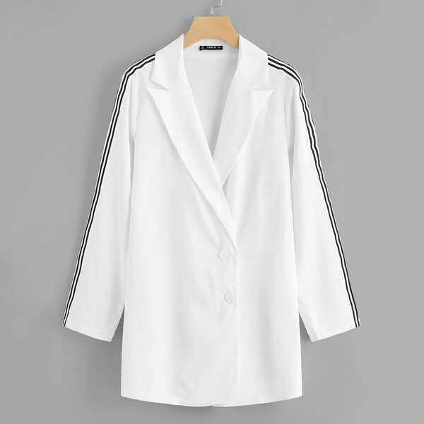 

Striped Tape Detail Peak Lapel Coat, White