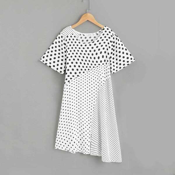 

Girls Cut And Sew Asymmetrical Hem Dot Dress