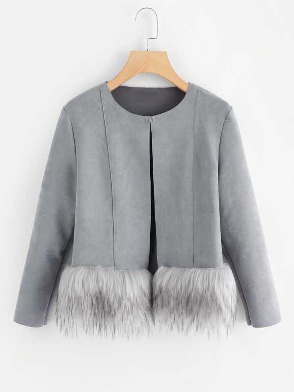 

Faux Fur Ham Suede Coat, Grey