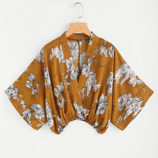 

Random Floral Kimono Sleeve Surplice Blouse, Yellow