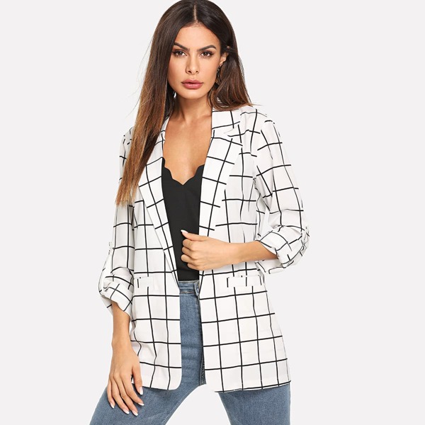 

Plaid Roll Up Sleeve Blazer, White