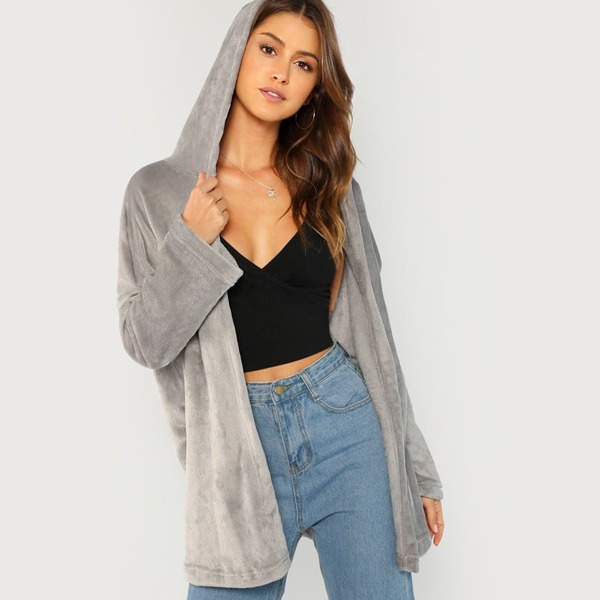 

Open Front Hooded Faux Fur Coat, Grey