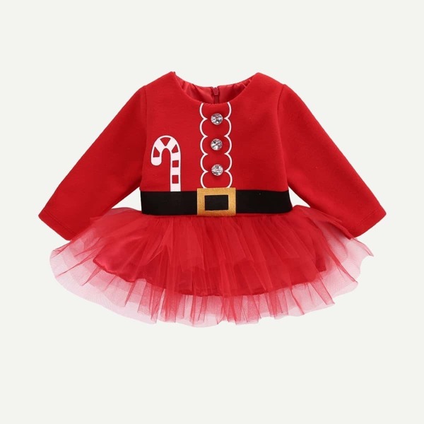 

Baby Christmas Print Rhinestone Detail Mesh Dress