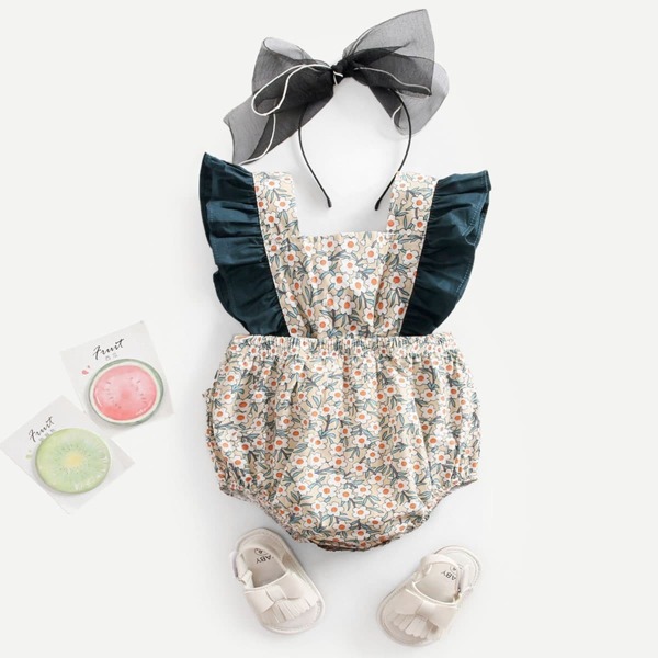 

Baby Calico Print Frill Trim Jumpsuit Without Headband, Beige