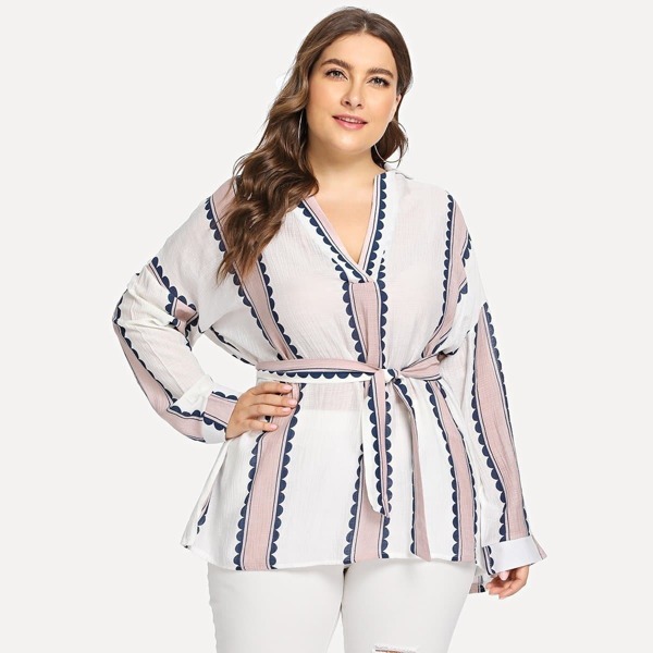 

Plus Self Tie Waist Striped Blouse, Multicolor