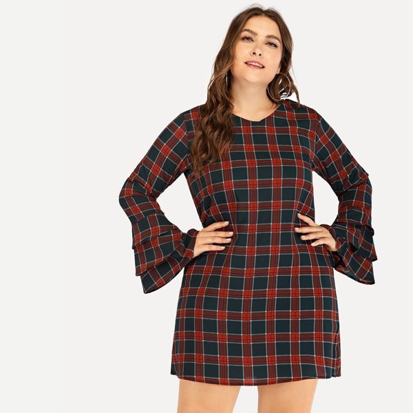 

Plus Layered Sleeve Plaid Dress