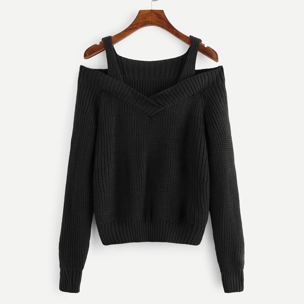 

Cold Shoulder Solid Sweater, Black