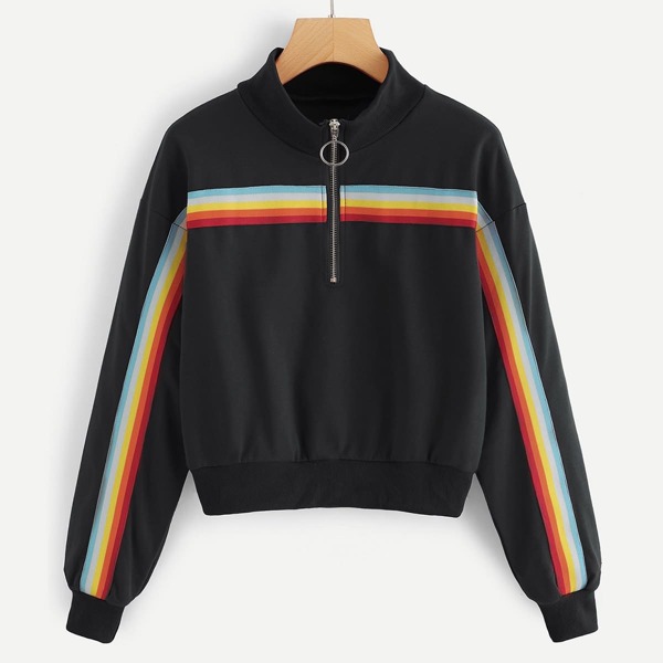 

Striped Zip Neck Sweatshirt, Black