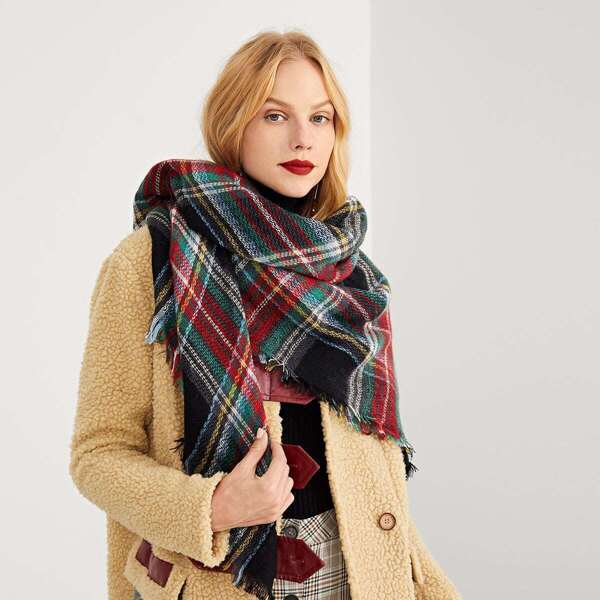 

Frayed Trim Plaid Scarf, Multicolor