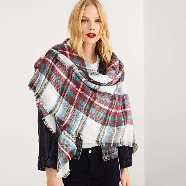 

Frayed Trim Plaid Scarf, Multicolor