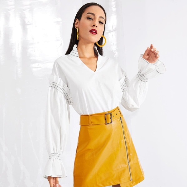 

Plunging Neck Flounce Sleeve Frill Blouse