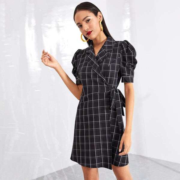 

Notch Collar Puff Sleeve Surplice Wrap Grid Dress