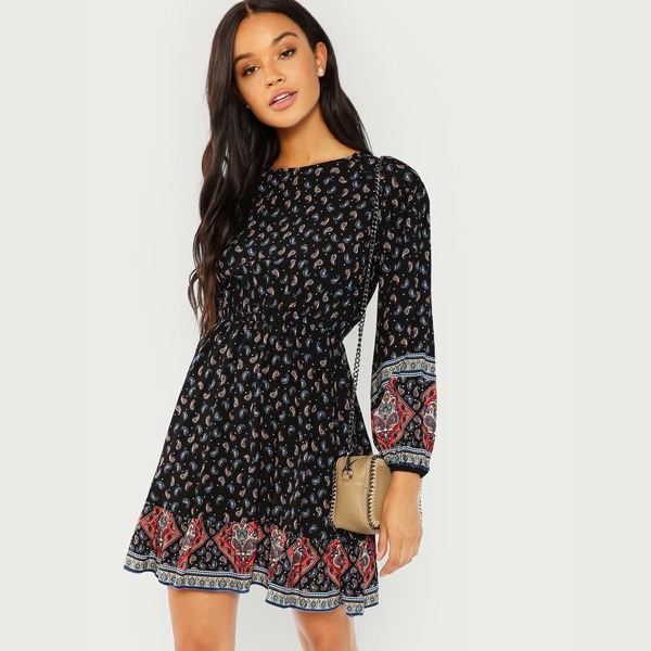 

Paisley Print Blouson Sleeve Ruffle Hem Dress, Multicolor