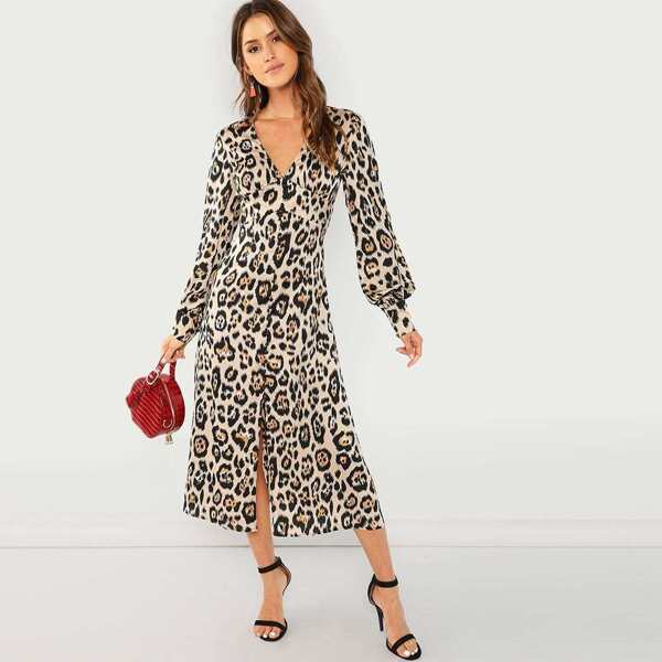 

Plunging Neck Leopard Print Dress, Multicolor
