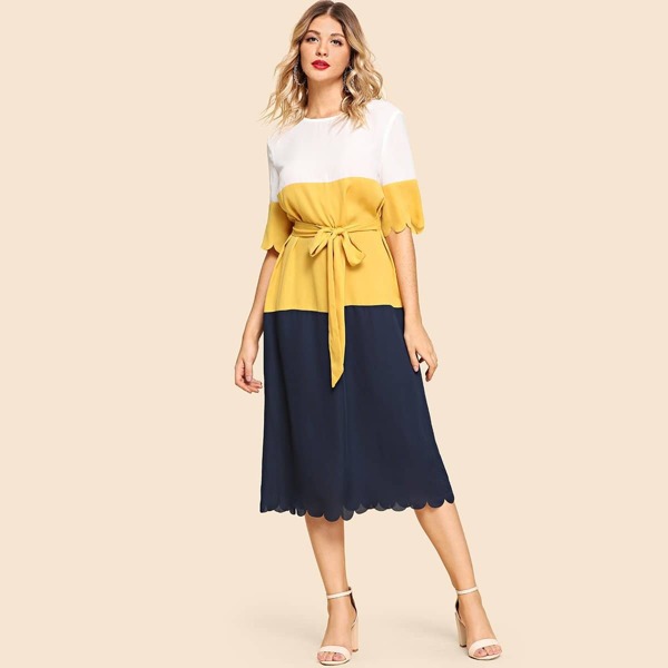 

Scallop Edge Colorblock Self Tie Dress, Multicolor
