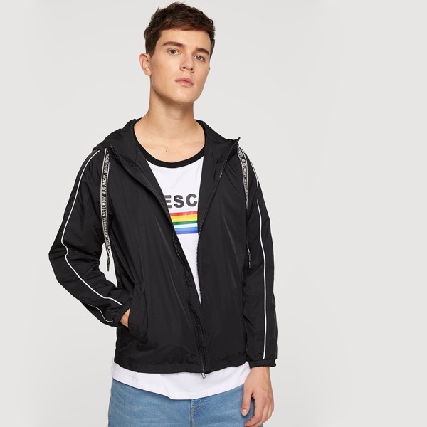 

Men Zip Up Letter Drawstring Hoodie Jacket, Black