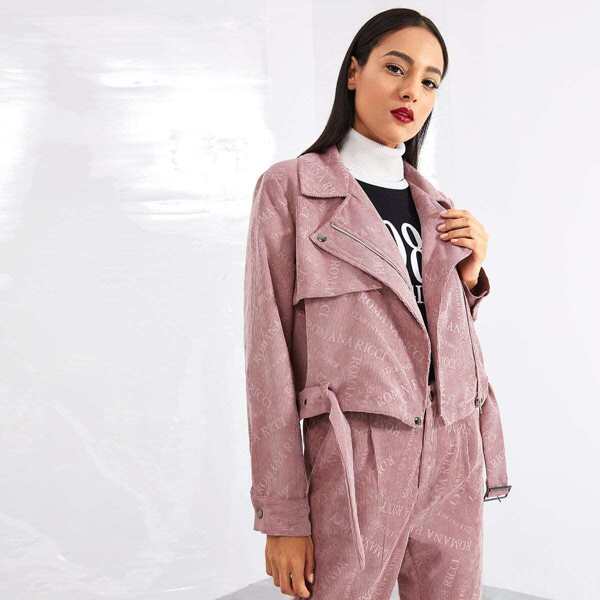 

Notch Collar Zip Up Corduroy Jacket, Pink