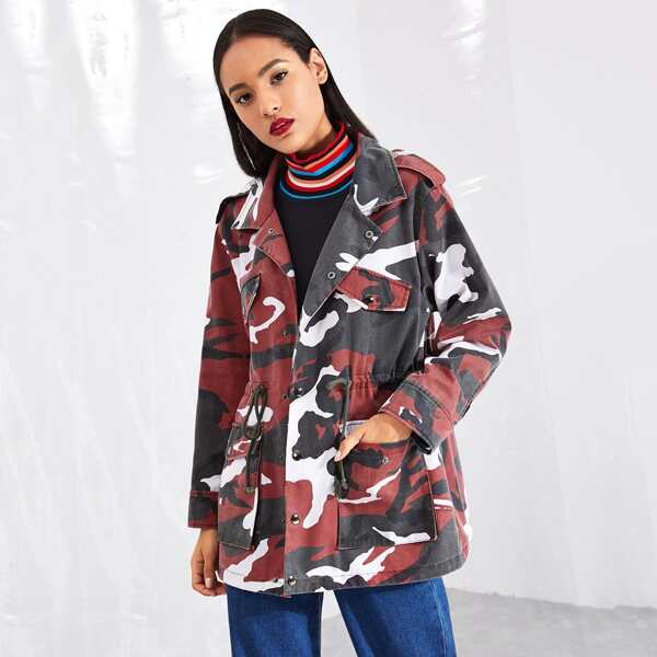 

Pocket Front Drawstring Waist Button Up Coat, Multicolor