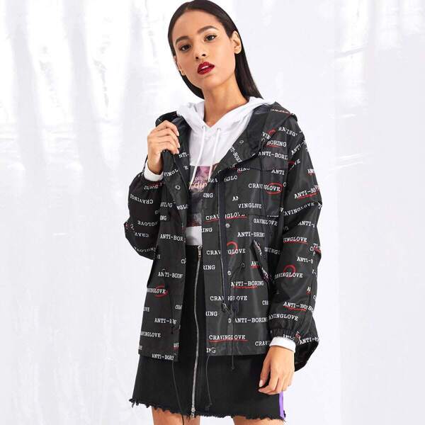 

Drawstring Detail Letter Print Hoodie Coat, Black