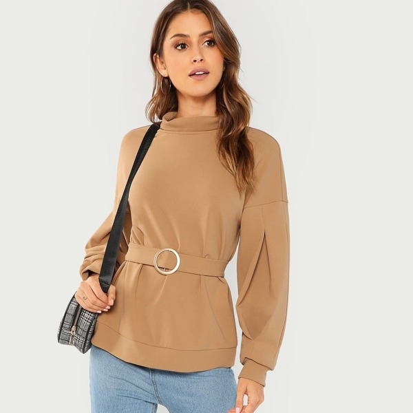 

Waist Belted Mock Neck Solid Pullover