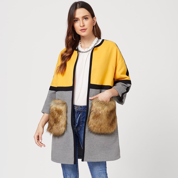 

Open Front Faux Fur Pocket Coat, Multicolor