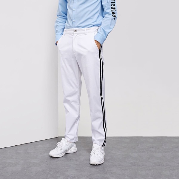 

Men Button Front Striped Trim Pants, White
