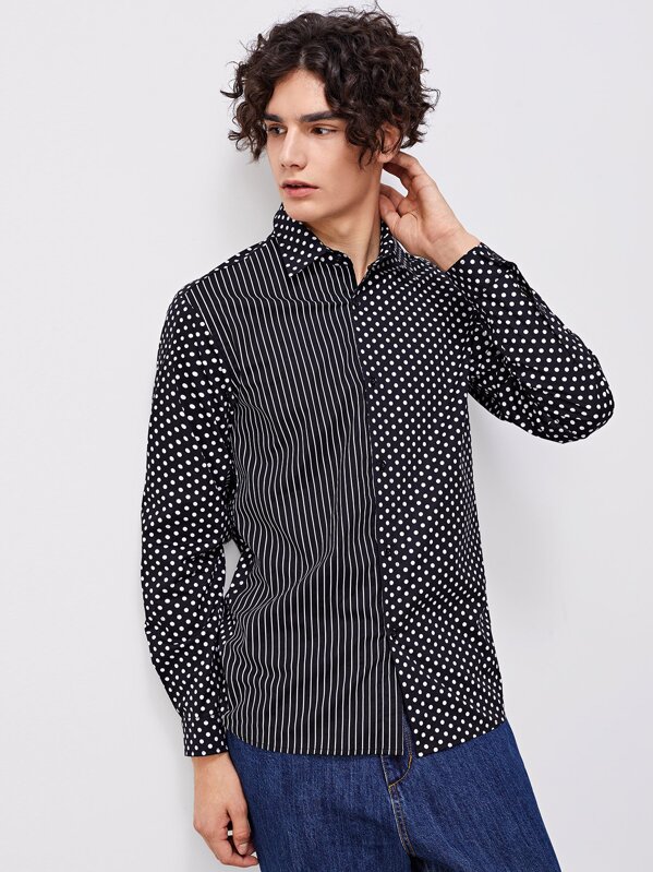 

Men Polka Dot and Striped Print Shirt, Black and white, Adam T