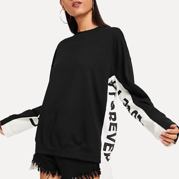 

Drop Shoulder Letter Print Sweatshirt, Black