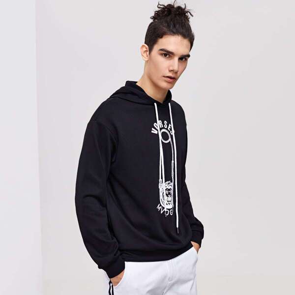 

Men Mixed Print Drawstring Hoodie Sweatshirt