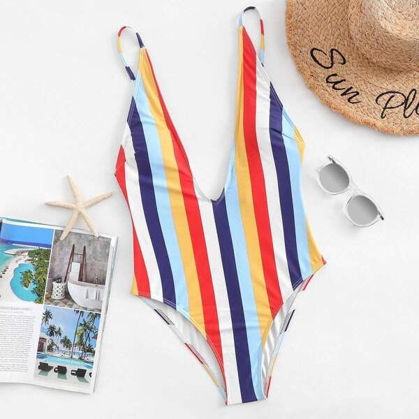 

V-Plunge Striped One Piece Swimsuit