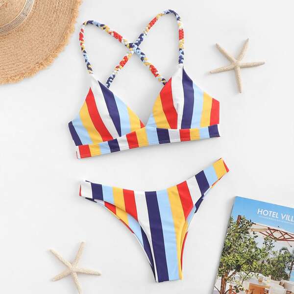 

Braided Strap Top With Striped Cheeky Bikini Set