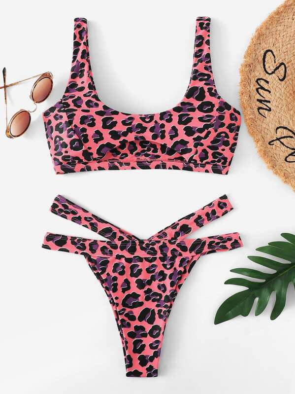 

Leopard Top With Cut-Out High Cut Bikini Set, Multicolor
