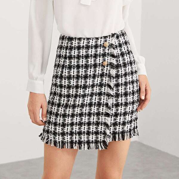 

Fringe Detail Tweed Wrap Skirt
