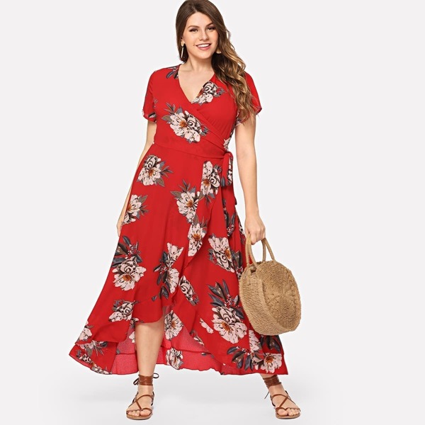 

Plus Surplice Neck Floral Overlap Ruffle Hem Dress, Red
