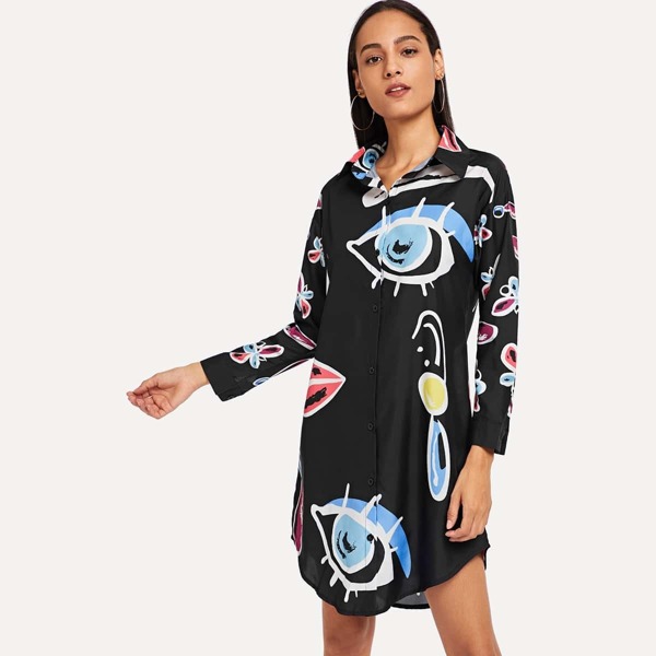 Abstract Pattern Curved Hem Shirt Dress