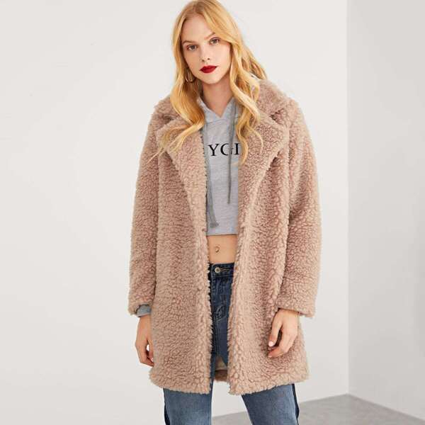 

Solid Faux Fur Teddy Coat, Pink
