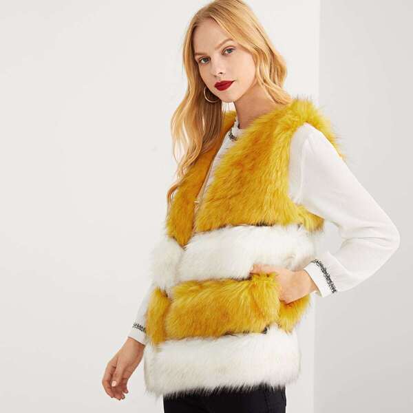 

Color Block Soft Faux Fur Shell Coat, Yellow