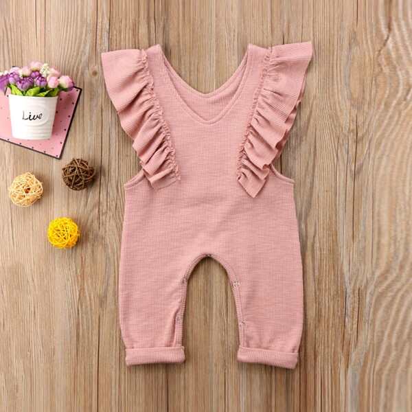 

Toddler Girls Frill Trim Solid Jumpsuit, Pink