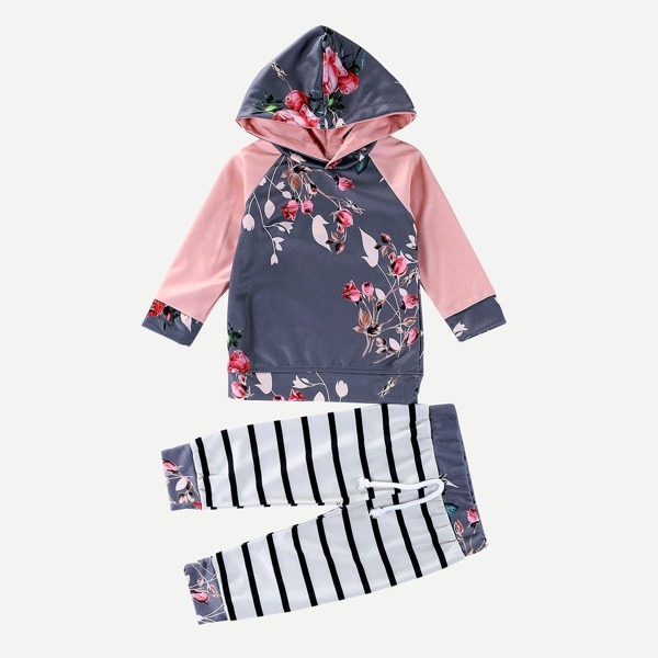 

Toddler Girls Floral Print Sweatshirt With Striped Pants