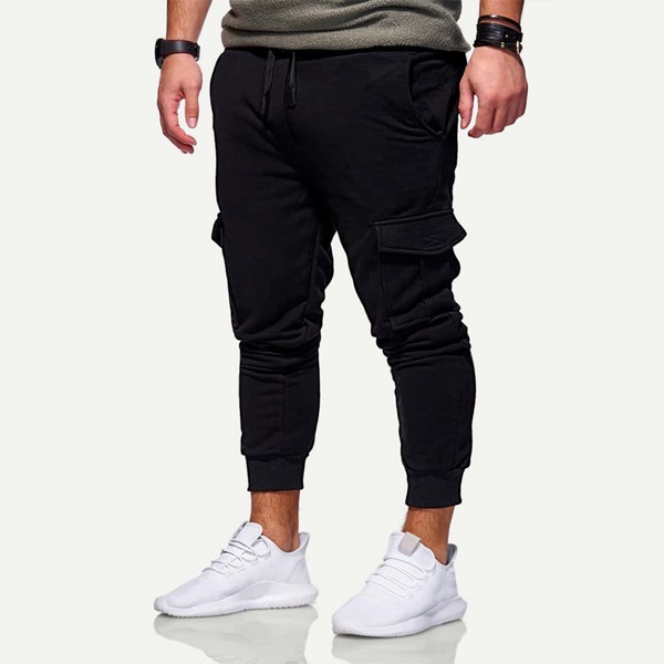 

Men Solid Pockets Decoration Drawstring Joggers, Black