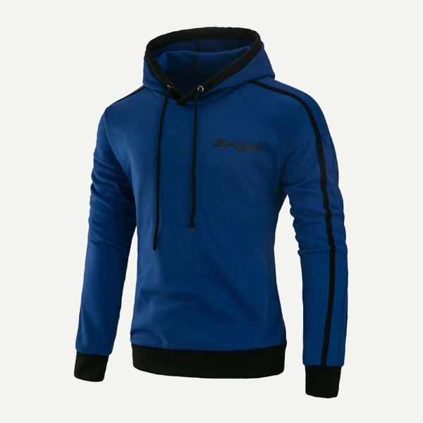 

Men Letter Print Hooded Sweatshirt, Blue