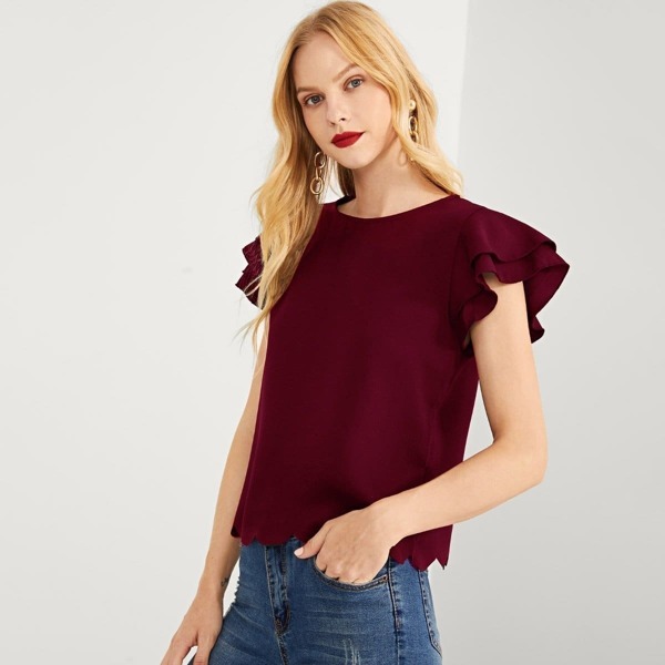 

Tiered Ruffle Sleeve Scallop Hem Top