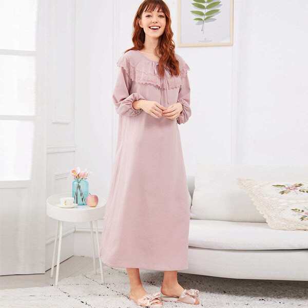 

Embroidered Flounce Neck Balloon Sleeve Nightdress