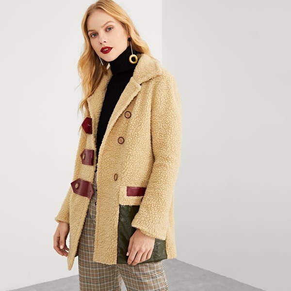 

Contrast Pocket Front Teddy Coat, Beige