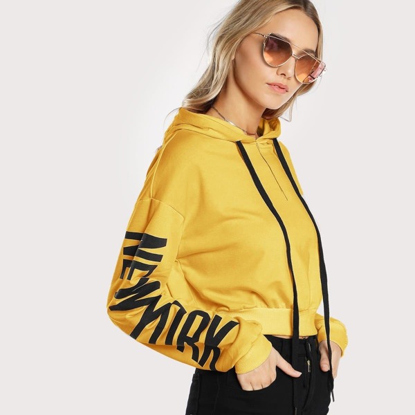 

Drop Shoulder Print Sleeve Hoodie, Yellow